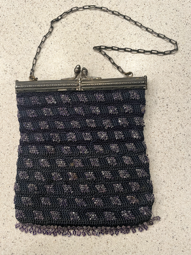 Vintage Black and Light Purple Beaded Clutch Purse with Beaded Fringe