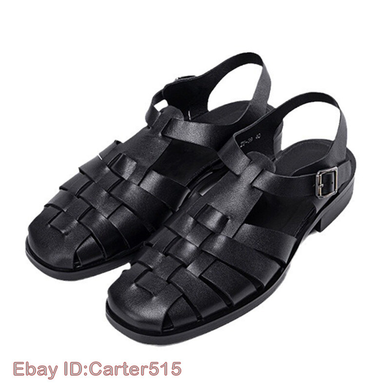 100% Real Leather Handmade Roman Sandals Retro Mens Summer Woven Close Toe  Shoes