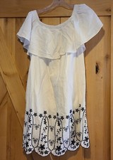 Old Navy Dress Womens S Linen Blend White Black Eyelet Off Shoulder Boho Sun