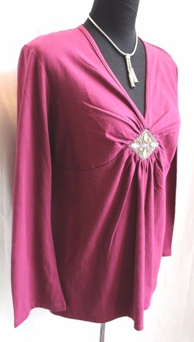 NICOLE MILLER NWT Raspberry Cotton Knit Beads V-Neck Long Sleeve Top Sz M NWT - Picture 2 of 5
