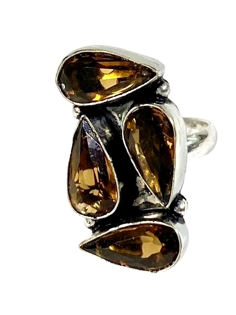 Anillo de piedras preciosas de cuarzo ahumado 4 piedras preciosas en forma de lágrima hecho a mano tamaño 6,25" nuevo Foto 2 de 4