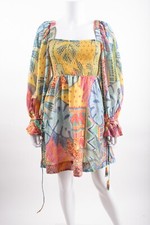Farm Rio Womens Summer Tapestry Mini Dress XS Blouson sleeves Multicolor Smocked