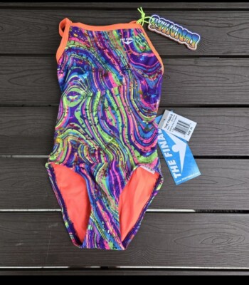 TYR The Finals Youth Girls Radical Foil Flutterback Swimsuit Multi- Sz 26 NEW