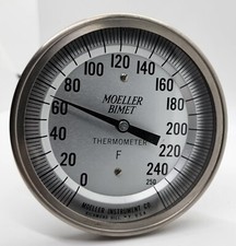 Vintage Moeller Bimet Industrial Dial Thermometer 0-250 Degrees Fahrenheit USA