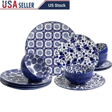 Modern Porcelain Dinnerware Set 12 Pieces Plates Bowls Stylish Tableware Kitchen