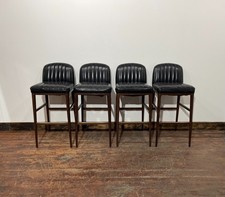 Set of 4 pub / bar stools with black leather seats and backrests