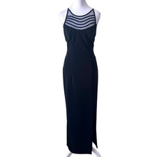Vintage Dave Johnny Dress Black Mesh Neck Slit Evening Gown Black Tie Sz Sm