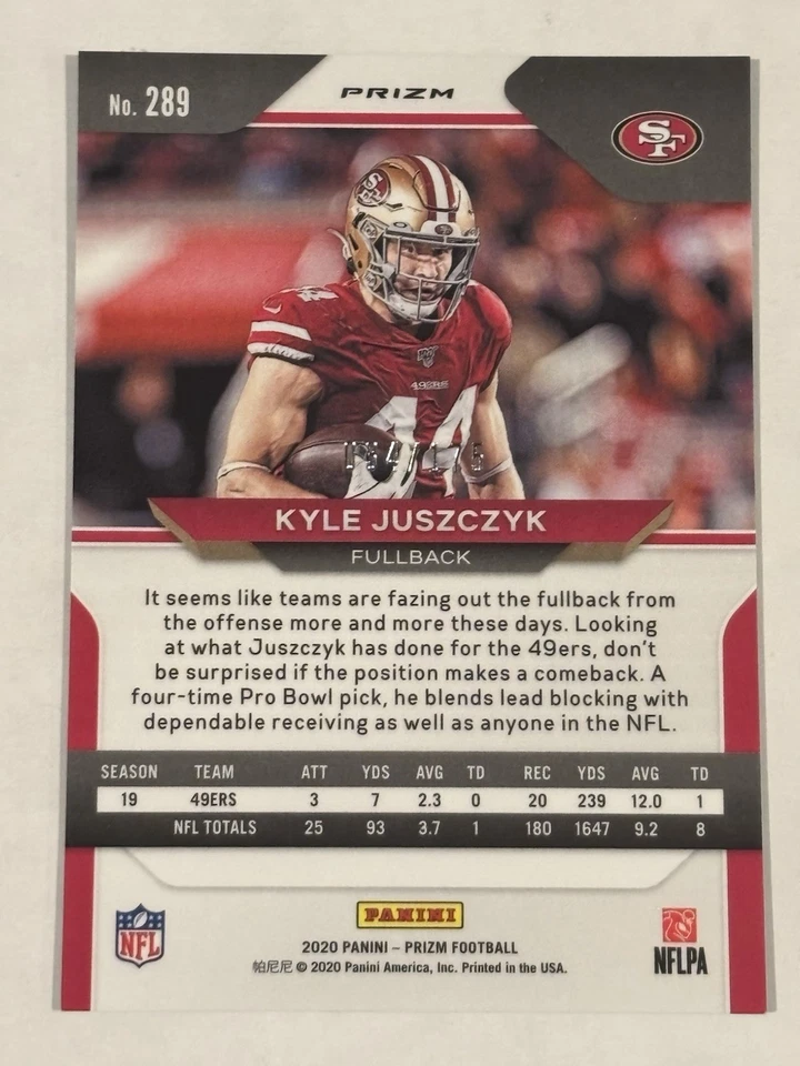 2020 Panini Prizm Prizms Hyper #289 Kyle Juszczyk Serial 034/175 - Image 2 of 3