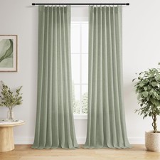 Sage Green Pinch Pleated Linen Curtains 96 Inch Length 2 Panels for Living Ro...