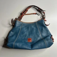 Dooney & Bourke Pebble Leather Hobo Bag Blue Tan Trim Shoulder Purse