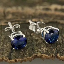 2Ct Round Cut Lab Created Sapphire Solitaire Stud Earrings 14K White Gold Plated