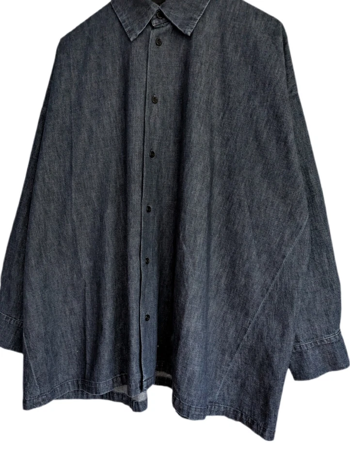 Eskandar Shirt Denim Jacket SIZE 1 / SIZE UK 14-16 Lagenlook Navy Blue Button Up - Image 4 of 4