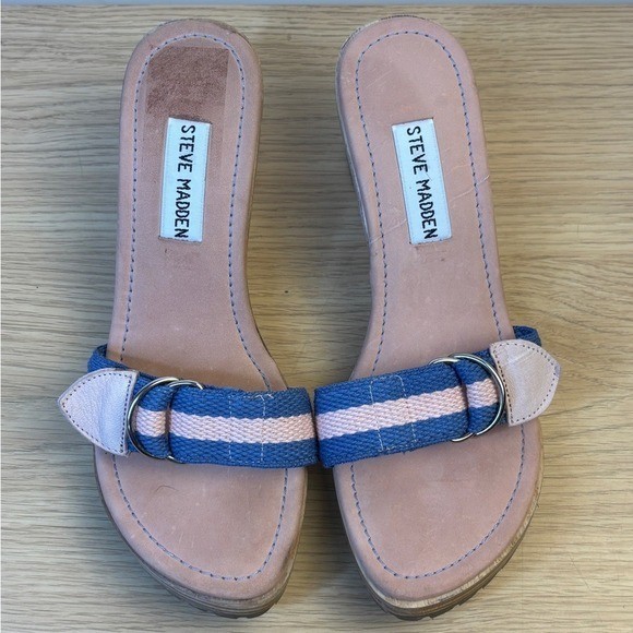 Steve Madden Blue Pink Striped Canvas Wooden Block Heel Slide Sandals Womens 7