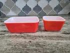 2 Vintage Pyrex USA 501b & 502 Red Orange Refrigerator Dish Plates 1.5 pt Retro