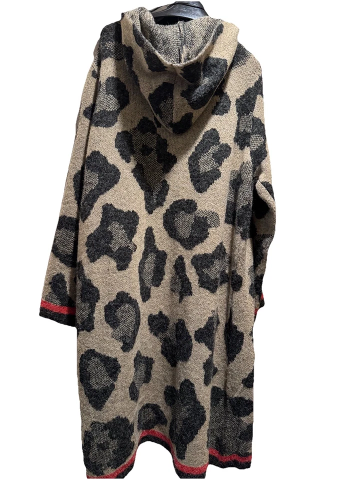 JOSEPH A Woman Cardigan HOODED Open Front LEOPARD PRINT KNIT WHITE/GREY MIDI, 1X - Image 2 of 4