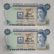 Pair of Consecutive S/N 1970 Issue Bermuda One Dollar Banknotes P# 23a CU