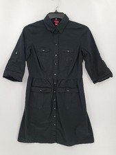 Merona Womens Blouson Dress Medium Solid Black Pockets Long Sleeve Knee Length