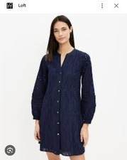 LOFT Navy Blue Eyelet Button Front Dress Long Sleeve Size Small S