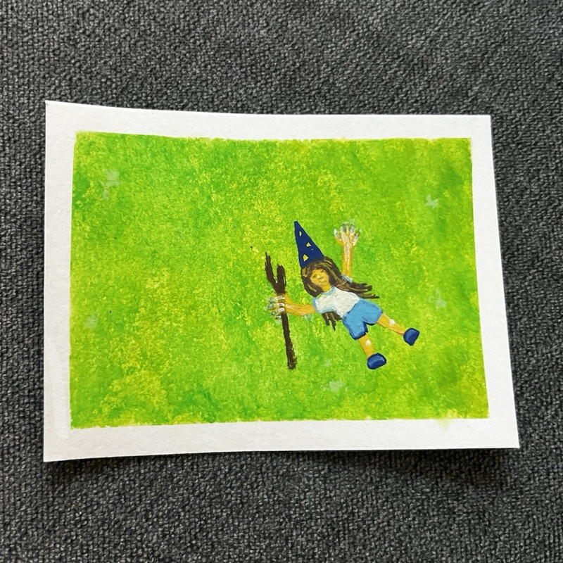 Little Wizard Laying in the Grass ACEO - Watercolor and acrylic