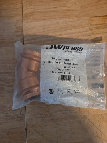 JW press 50366 1-1/2" press x 1-1/2" press 45° SR Copper Elbow QTY 1