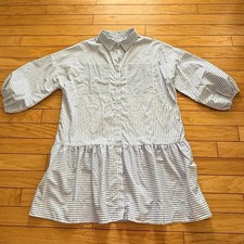 NWT Stripe Bubble Sleeve Shirt Dress Chest Pockets Light Blue/White Large Beach