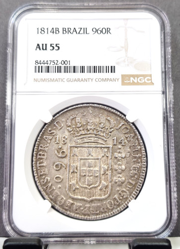1814 BRAZIL SILVER 960 REIS JOAO PRINCE REGENT NGC AU 55 RARE GREAT LOOKING COIN