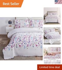 Lightweight Thin Floral Quilts King Size,Purple Blue Lilac Flowers Green Leav...
