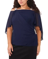 MSK Womens Plus Size 1X Rhinestone-Embellished Side Draped Top in Blue $79 1729