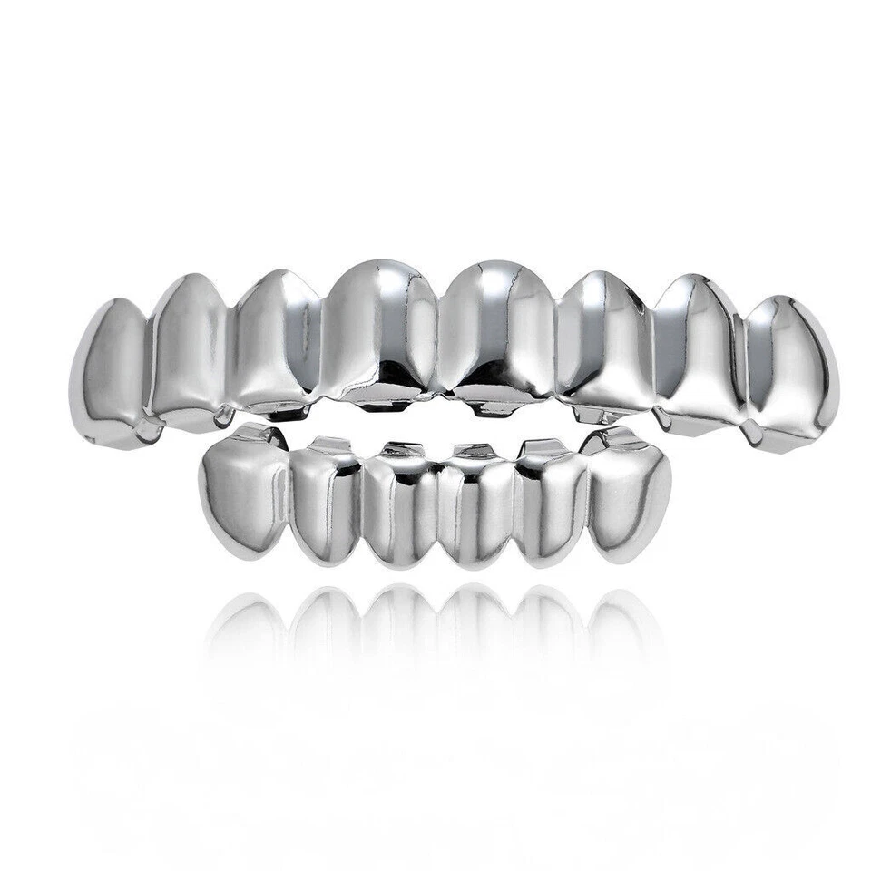 14k Gold Plated Hip Hop Teeth Grillz Caps Top Bottom Silver Grill Set Custom Fit - Image 4 of 4