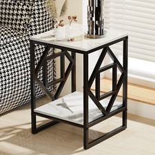 Heavy Duty 2 Tier Modern Accent Table Sintered Stone End Table with Lower Shelf