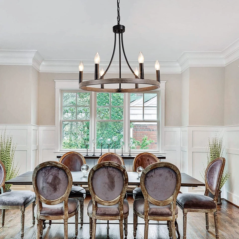 Lámpara de araña de madera rústica iluminación de granja comedor lámpara colgante negra Foto 2 de 4