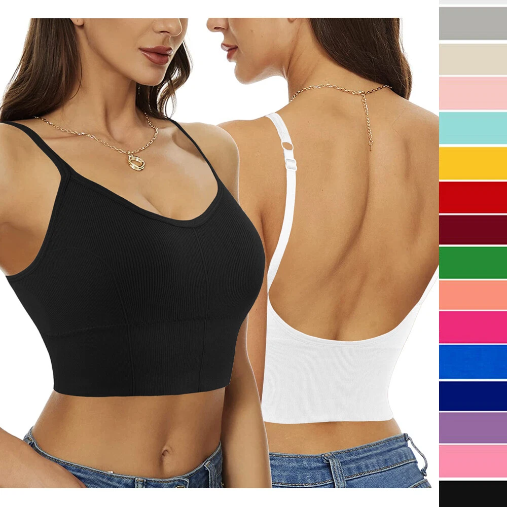 Women Padded Camisole Bra Crop Top Soft Cotton Knit Basic Tank Spaghetti  Straps