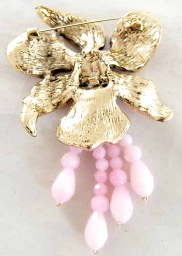 4.5" NWOT DESIGNER STYLE PINK RHINESTONE ORCHID/ IRIS FLOWER DANGLE BROOCH PIN - Picture 15 of 18
