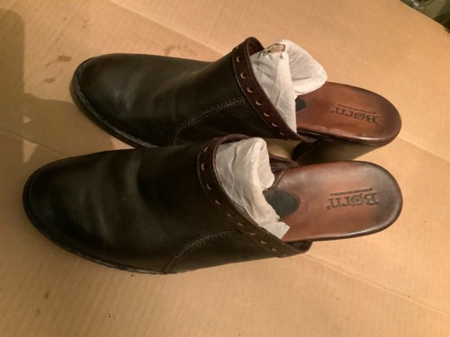 Born Brown Leather High Heel Clogs Mules Slip On Shoes Womens 11 - Picture 2 of 7