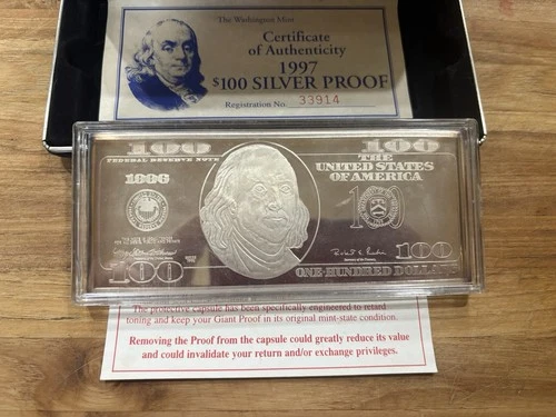 The Washington Mint 1997 $100 Silver Proof Bar with Certificate of Authenticity