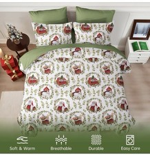 Christmas Duvet Cover Set Queen Size 3 Piece, Green/white Holly Wreaths Santa