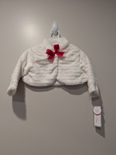 Little Lass Girls 1/2 Length Faux Fur White Button Jacket With Red Bow NWT 6/9
