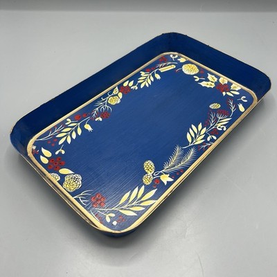 Les Ottomans Hand-Painted Iron Tray Blue W/ Gold Floral Accents Christmas 13x8''