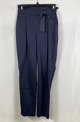 Ted Baker Women's Navy Blue Paperbag Waist Bow Tapered Pants Sz 0