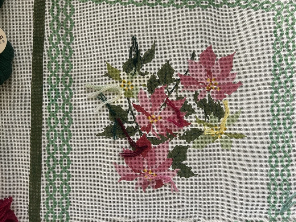 VNTG Large Needlepoint Rug Canvas Handpainted  Flowers with thread Paternayan - Image 3 of 4