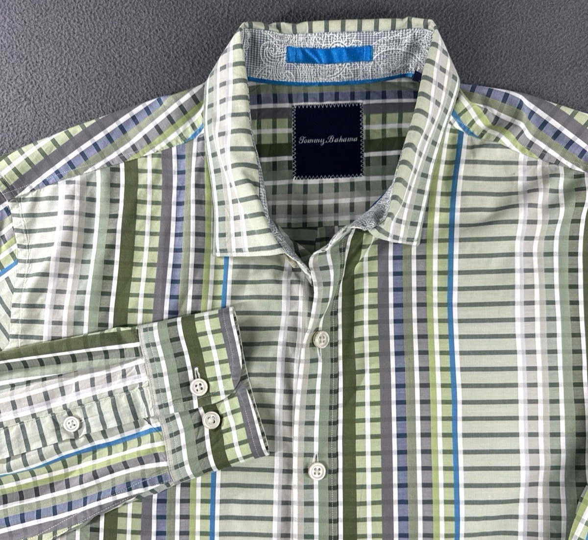 Tommy Bahama Mens Large Green Striped Button Up Shirt Cotton Long Sleeve