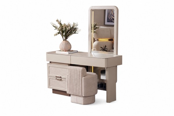 Modernes Elegante Schminktisch Creme Led Spiegel Frisiertisch Hocker-image