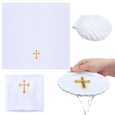 Baptism Towel Shell Set Cloth Christening Embroidery Cross, Bowl Activity Gift
