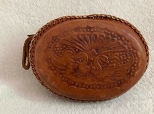 Vintage Leather Stamped Coin Purse with Zipper