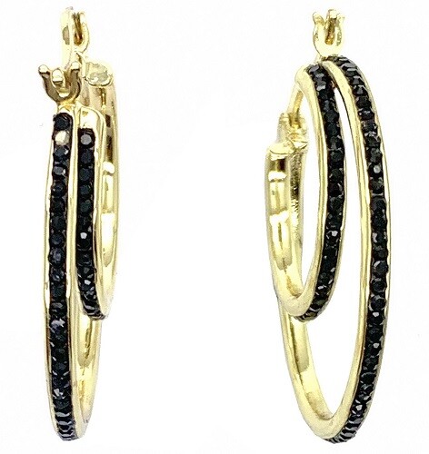 14K Gold Plated Double Hoop Earrings with Black Crystals - Picture 1 of 3
