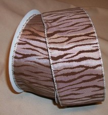 5 yds. BROWN FLOCKED TIGER ZEBRA ANIMAL PRINT WIRE EDGE RIBBON 2 1/2" Wide