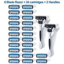 24 Stainless Steel 6 Blades Shaving Disposable Razors with 2 Handles for Men