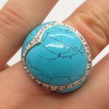 925 Sterling Silver Vintage Real Turquoise Gem  C Z Wide Ring Size 6.25