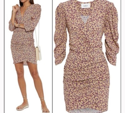 BA&SH Bash Crystal Ruched Floral Print Crepe Wrap Mini Lady Dress V Neck Sz S/6
