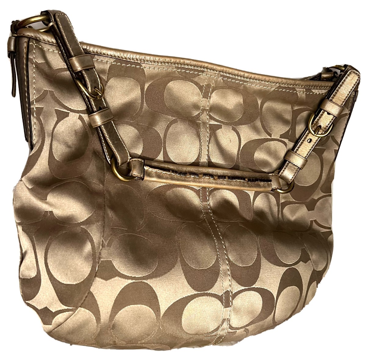 COACH SIGNATURE SHOULDER HOBO BAG BROWN LEATHER TRIM. SILVER